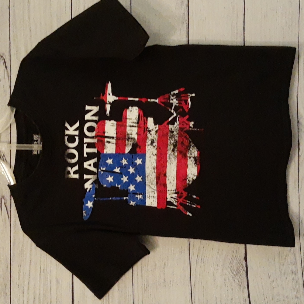 Rock Nation Distressed Youth Graphic Tee Music Drums American Flag USA